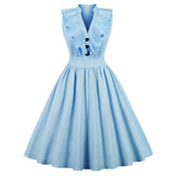 1950s Summer Sleeveless High Waist Cotton Ruffles V Neck Robe Pin Up Swing Vintage Dress