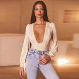 Deep V Neck Rompers Sexy Short Jumpsuit Solid Long Sleeve Casual Bodysuits Tops Overalls