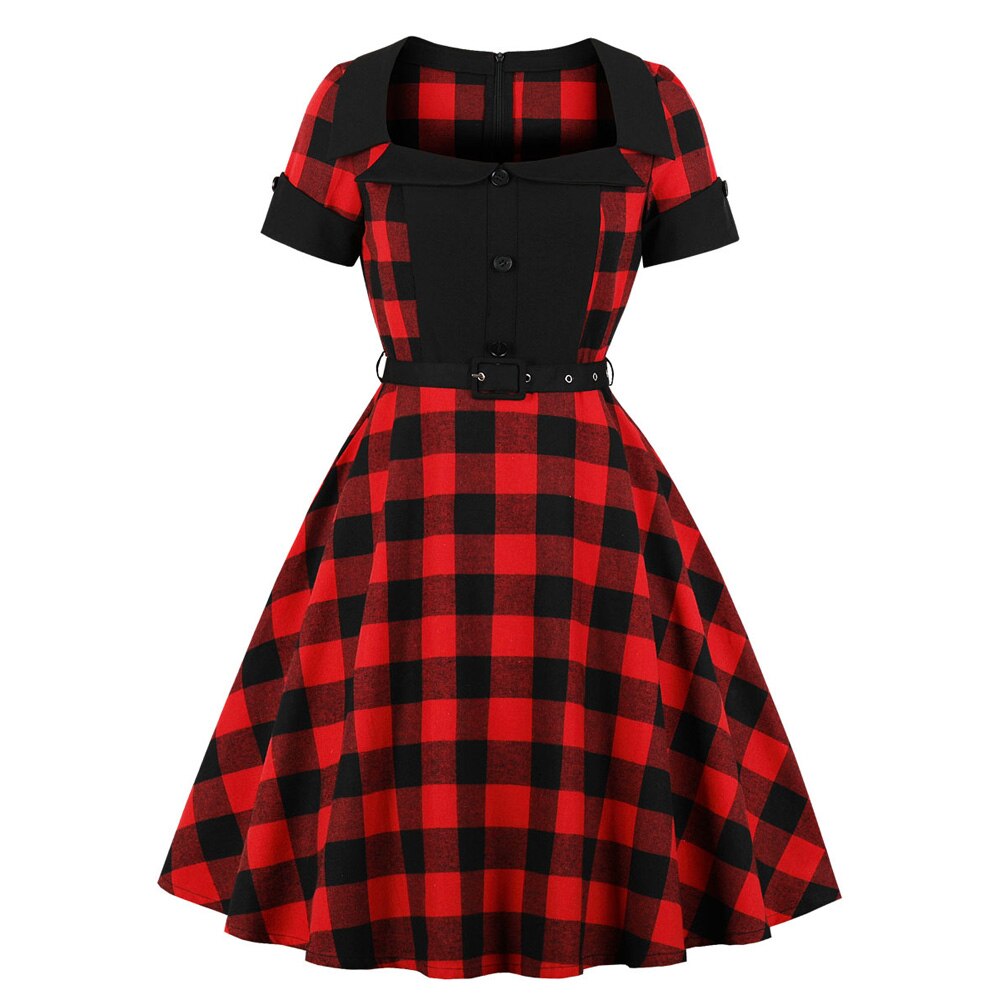 Black Red Plaid Short Sleeve Elegant Robe Pin Up Swing Retro Vintage Dress