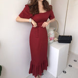 New 2021 Women Spring Summer Square Collar Dress Cotton Linen Elegant Lace Up Dresses