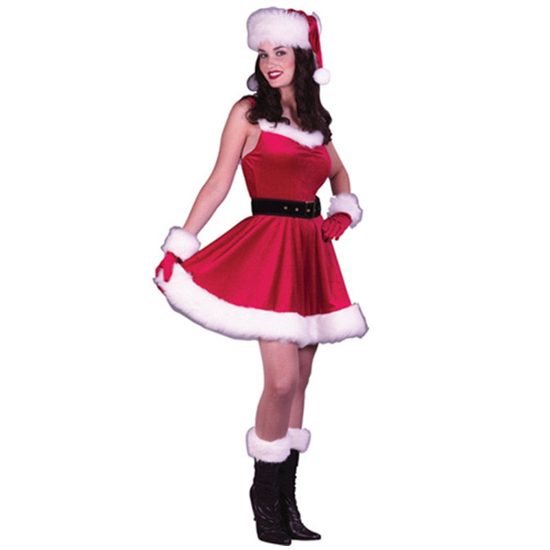 Deluxe Women Christmas XMAS Costume For Adult Red Velvet Fur Dresses Sexy Female Santa Claus Costume