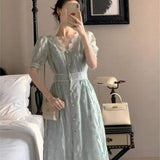 Summer Vintage Dress Women V-Neck Designer Lace Sexy Elegant Floral Dress Female Casual Chic Slim Short Sleeve Fairy Dress 2021