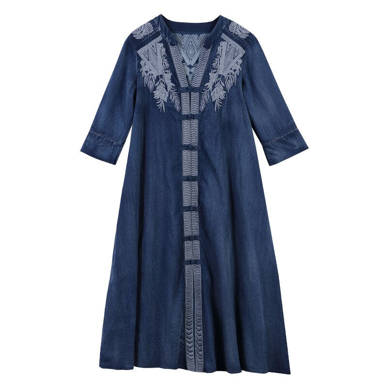 Women Spring Denim Three Quarter Sleeve Embroidery Vintage Loose Style Long Elegant Vintage Dress