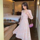 Summer Elegant Floral Print Dress Women Kawaii Korean Sweet Style Lace Up Slimming Dress Female Puff Sleeve Party Dress 2021