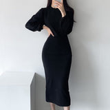 Autumn Elegant Ladies Office Puff Sleeve Dress Women Fashion Slit Solid Slim Midi Dress Vestidos