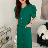 Women Chic Fashion Single-Breasted Elegant Solid Office Lady Ankle-Length Dress Fenimine Vestidos