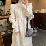 Women Puff Sleeve Casual Dress Autumn Single-Breasted Lace-Up White Shirt Dress Female A-line Vestidos