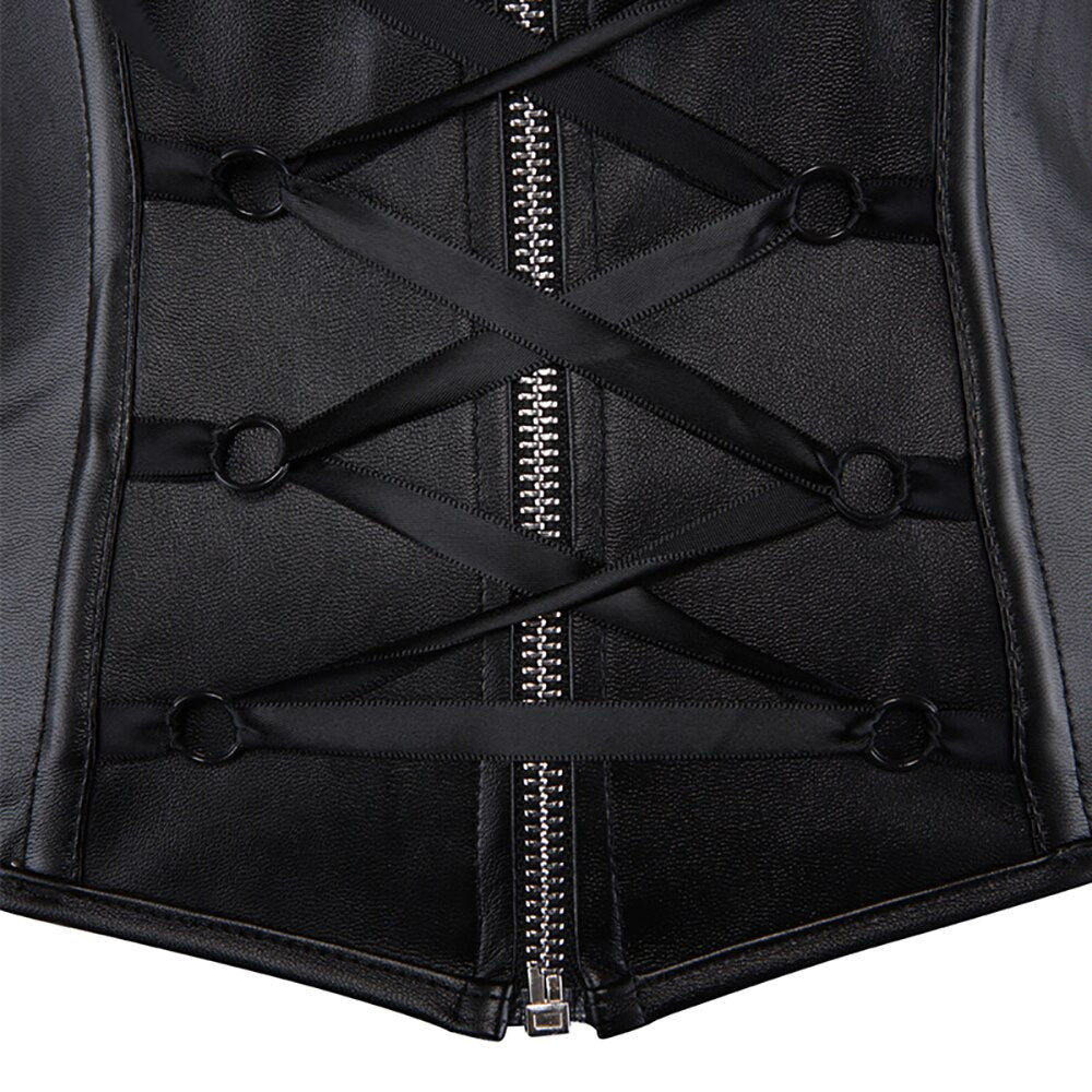 Black Gothic Faux Leather Zip up Corset Steampunk Halter Top Sexy Overbust Bustiers Lingerie Corselet