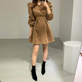 Vintage Faux Suede Dress Autumn Winter Casual Crew Neck Long Sleeve Mini Dress