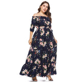 Navy Blue Floral Print Women Plus Size Summer Boho Off Shoulder Long Maxi Beach Party Bohemian Dresses