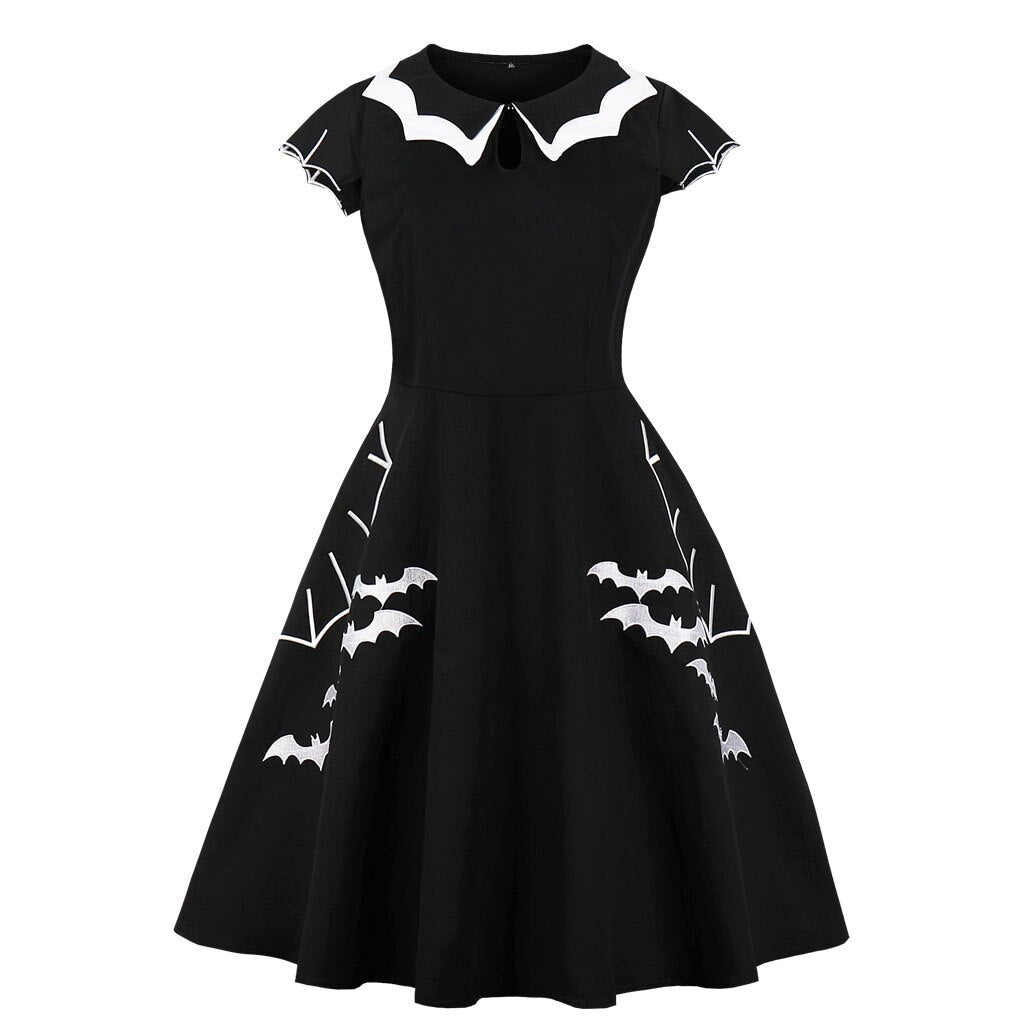 Halloween Party Women Dress Bat Print Black Gothic Plus Size Punk Hip Hop Casual Streetwear Goth 50s 60s Summer Clothing