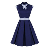 Peter-Pan Collar Bow Elegant Women 50s Pin Up Vintage Pleated Navy Blue Sleeveless Summer Belted Cotton Dress