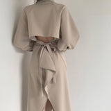 Office Lady Collared Long Sleeve Shirt Dress Cut Out Back Tie Sexy Midi Dress With Slit