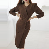 Elegant V-Neck Women Knee-Length Dress Double-Breasted Puff Sleeve High Waist Dress Female 2021 Spring