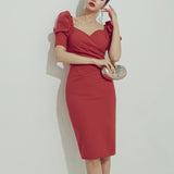 2021 Summer Women Elegant Party Dress Slim V-Neck Short Sleeve Midi Pencil Dress Office Lady Solid Puff Sleeve Dress