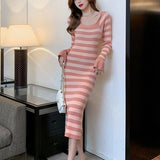 Vintage Striped Ladies Midi Dress Autumn Elegant Women Stretched Knitted Dress Full Sleeve Female Sweater Bodycon Vestidos