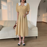 Summer Women French Elegant Turn Down Collar Puff Sleeve Dress Casual Patchwork Vestidos