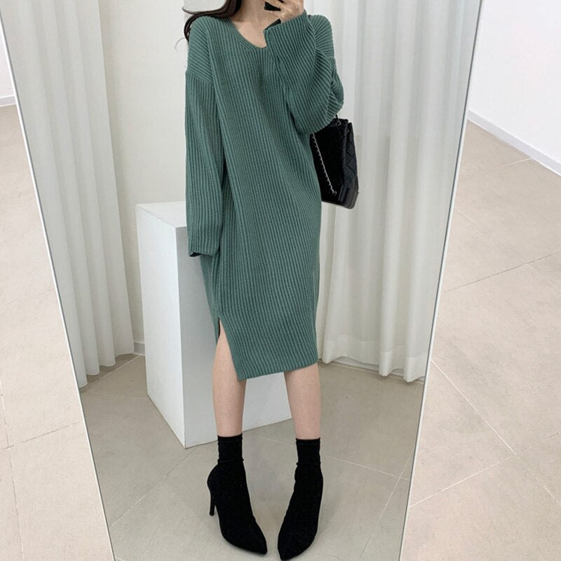 V Neck Long Sleeve Casual Sweater Dress Warm Fall Winter Solid Elegant Loose Knitted Midi Dress