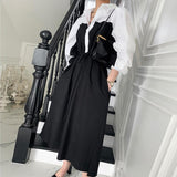 Women Spring Summer Black White Patchwork Shirts Dress Long Sleeve A-line Lace-up Dresses Vestidos