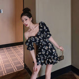 Summer Dress 2020 Retro Boho Women Tie Neck Floral Print Floral Mini Sexy White Dress Puff Sleeve Korean Vestidos