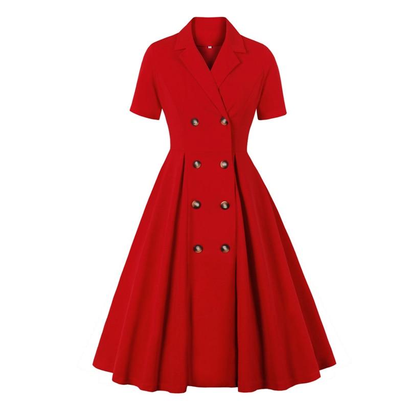 Notched Collar Double Breasted Elegant Red High Waist Office Spring Summer Vintage Midi Dress