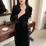 Women Elegant V-neck Velvet A-Line Dress Puff Sleeve Female Ankle-Length Dress Vestidos