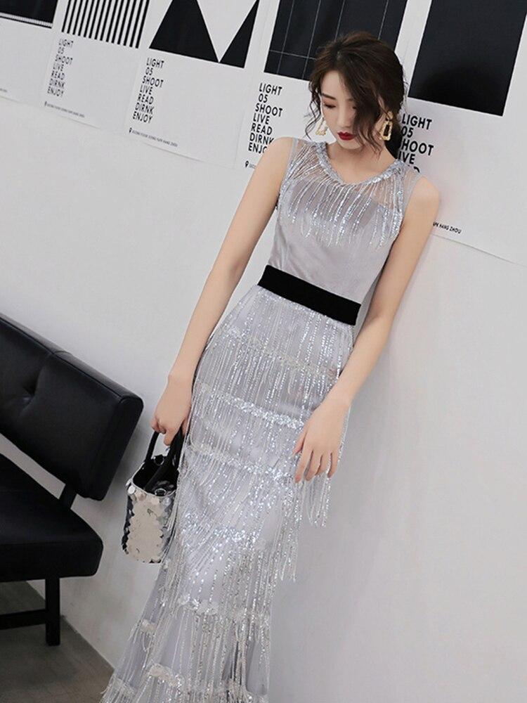 Silver Sequined Fringe Evening Dress Sleeveless Prom Gown Elegant Formal Dress For Occasion O-neck Long Robe