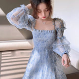 Summer Kawaii Floral Dress Women Elegant Patchwork Print  Sweet Dress Female Puff Sleeve French Party Midi Korean Dress 2021 New