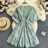 Floral Print Summer Tiered Elegant Chiffon Mini Dress Round Neck Half Puff Sleeve Casual Dress With Belt