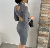 Long Sleeve High Neck Midi Knitted Dress Open Back Twist Sexy Ribbed Bodycon Dress