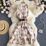 Beach Chiffon Floral Summer Dress Round Neck Sleeveless Casual Mini Dress With Belt