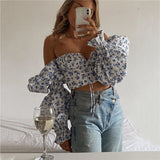 Long Sleeve Crop Tops Vintage Floral Print Blue Puff Sleeve Blouse Sexy Backless Front Tie
