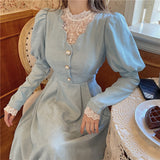 Solid Elegant Dress Women Winter Patchwork Lace Party Midi Dress Female Casual French Style Sweet Kawaii Korean Dress