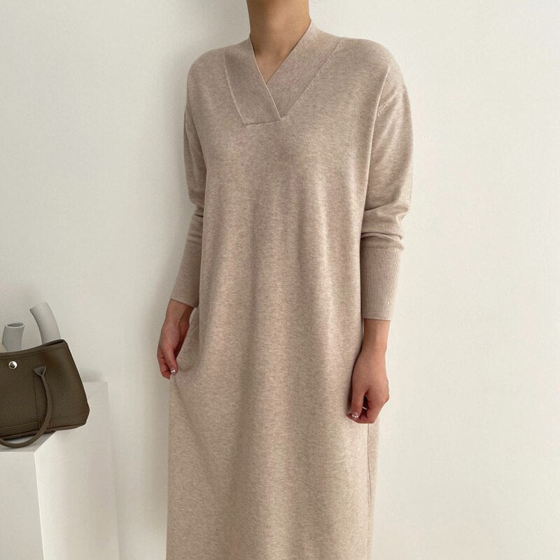 V Neck Long Sleeve Solid Cozy Casual Knitted Dress Autumn Winter Midi Dress Elegant Loose Dress