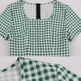 1950s Green Plaid Vintage Retro Party Short Sleeve Robe Pin Up Swing Black Polka Dot Casual Dresses