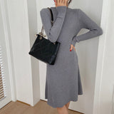 Autumn New Women Fashion Sweater Dress O-Neck Long Sleeve A-Line Knitted Solid Vestidos Femme