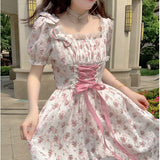 Elegant Floral Dress Women Lace Up Korean Princess Fairy Sweet Midi Dress Bandage Chic Designer Puff Sleeve Casual Dress Summer