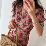 Summer Korean Retro Floral Print Dress for Women Elegant Fit Chic Hepburn Long Dress Female Pretty Party Casual Dress 2021 New