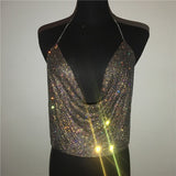 Shiny Diamonds Crystal AB Halter Camis Top Sexy Low-cut Deep V Backless Metal Cahin Bustier Tops Night Clubwear