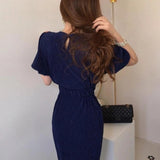 Women Summer Office Lady Solid Dress Women Puff Sleeve Midi Slim Elegant Female Dress