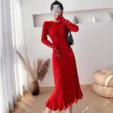 Women Spring Autumn 2021 O-Neck Knit Dress Female Ruffle Long Sleeve A-Line Midi Sweater Dress