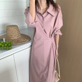 Wrap Elegant Office Lady Chic Shirt Dress Lapel Long Sleeve Button Up Casual Midi Dress Clothing