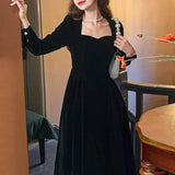 French Velvet Midi Dress Office Lady 2021 Winter Black Vintage Dress Evening Party Long Sleeve Elegant One Piece Dress Korean