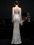 Sliver Sequin Dress Sexy V Neck Beading Evening Dress Women Party Strap Maxi Dress