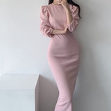 Autumn Elegant Ladies Office Puff Sleeve Dress Women Fashion Slit Solid Slim Midi Dress Vestidos