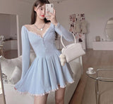 Blue Lolita Kawaii Knitted Dress Women Japanese Lace Patchwork Sweet Sweater Dress Female Sexy Korean Cute Party Mini Dress 2021