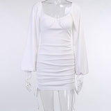 Long Sleeve Ruched Drawstring White Lantern Sleeve Pleated Vintage Casual Women Dress