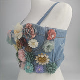 Sexy Denim Flowers Corset With Cup Nightclub Party Short Cami Cropped Built In Bra Crop Top YH982