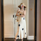 New Women Summer Satin Dot Print Dress Camisole Maxi Sundress Korean Fashion Dress