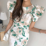 Women Sexy  Puff Sleeve Office lady Vestidos Summer  Elegant Slim Waist Female print Dresses